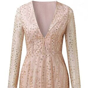 Glitter bodycon womens XS-S deep V mini dress sheer long sleeve metallic shimmer
